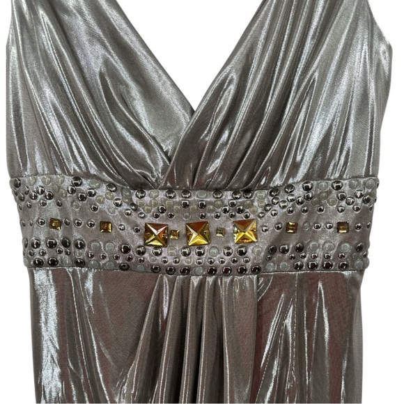 Jovani Silver Metallic Rhinestone Detail Laminated Jersey Cocktail Dress -Size 8 - Picture 4 of 10